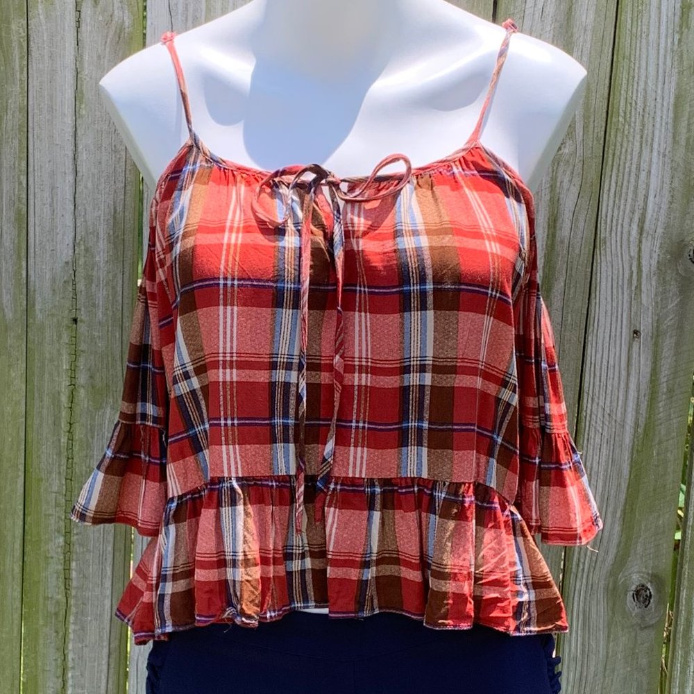 Ganji,summer, bare shoulder,plaid crop top